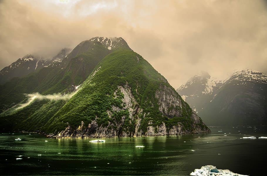 mountains surrounded by body of water, tracy, arm, fjords, alaska, HD wallpaper