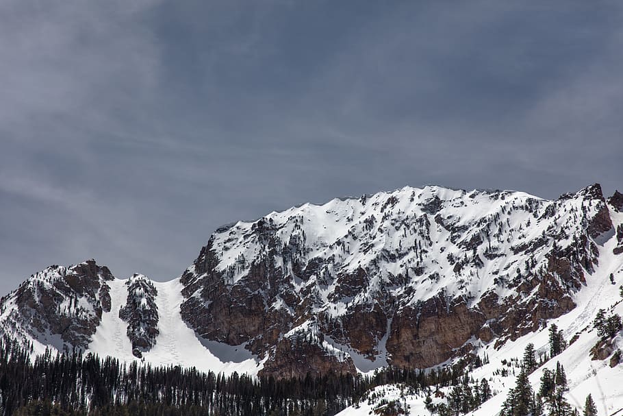mountain covered with snow, aerial photography of snow covered mountain and trees HD wallpaper