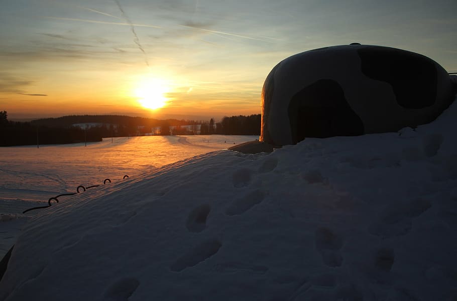 sunset, snow, mountains, bunker, winter, nature, dusk, sky HD wallpaper