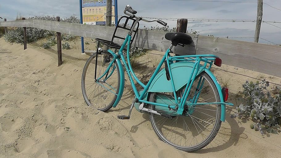 bike, turquoise, wheel, dunes, sand, north sea, ajar, transportation, HD wallpaper