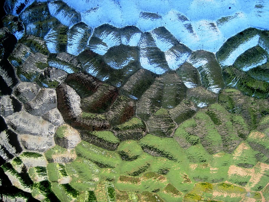 window, glass, pane, embossed, reflection, blue, green, nature HD wallpaper