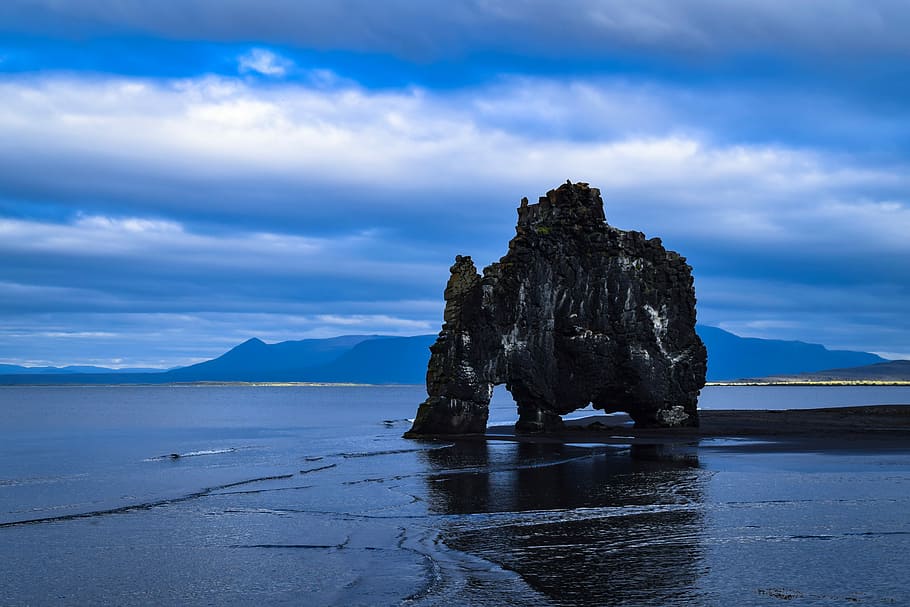 gray rock, gray rock formation above the sea, stone, cloud, coast HD wallpaper