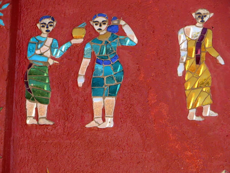 laos, luang prabang, vat sen soukharam, mosaic, mural, characters, HD wallpaper