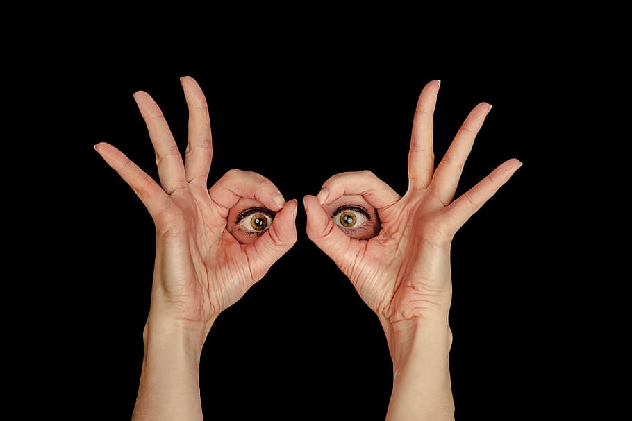 eye handsign art with black background, view, eyes, by looking