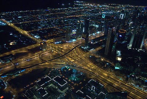 bird's eye view of street and building lights, night, night image HD wallpaper