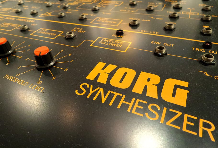 Synthesizer, Analog, Korg, Museum, text, no people, full frame