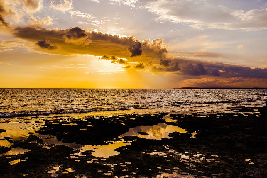 sunset, sea, dusk, sky, clouds, dramatic, nature, landscape HD wallpaper