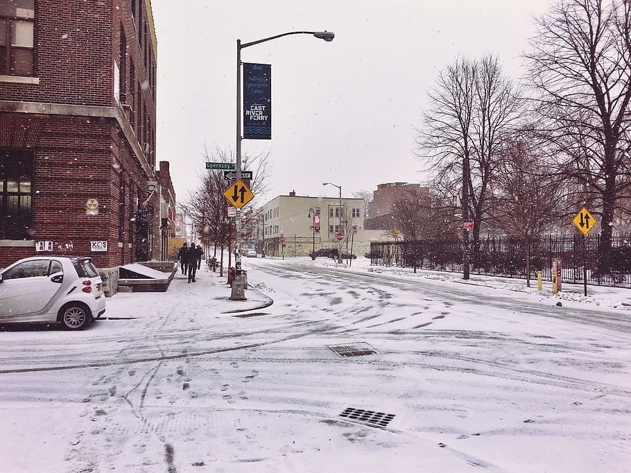 Falling Snow, brooklyn, buildings, street, New York, NYC, Urban, HD wallpaper