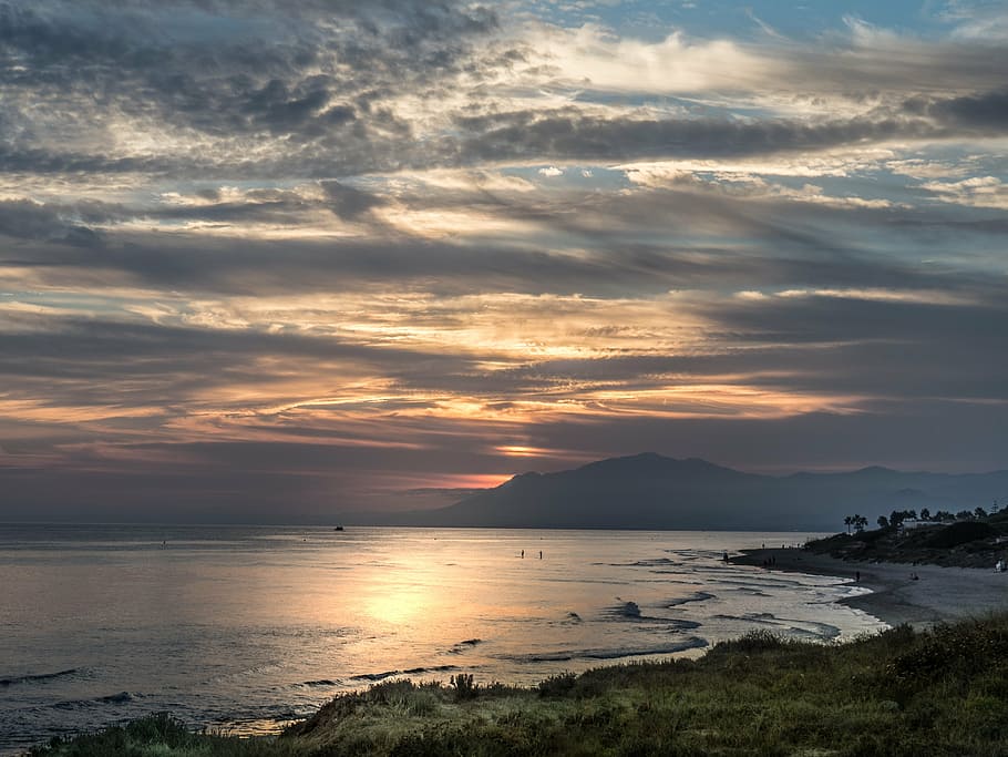 seashore during sunset, cabopino, marbella, malaga, spain, sky, HD wallpaper