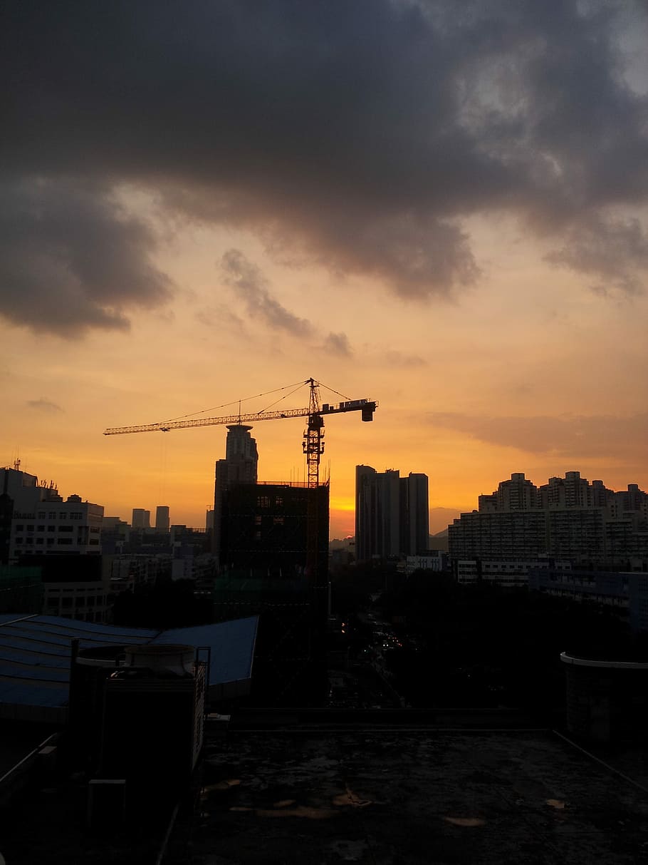 Sunset, Building, Silhouette, City, sky, crane, architecture HD wallpaper