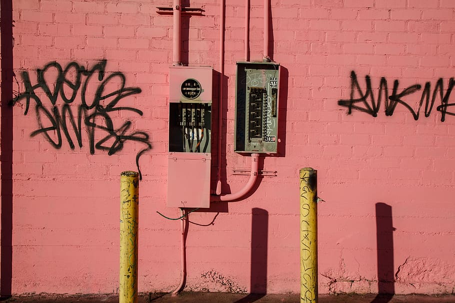 Pink wall, gray and black breaker on wall, electric, box, wire HD wallpaper
