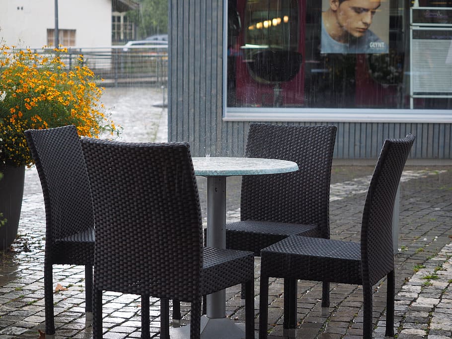 rain, downpour, rainstorm, raindrop, inject, cafe, table, chairs HD wallpaper