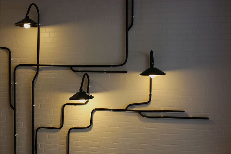 black steel wall mount three lights on white painted wall, lighting, HD wallpaper