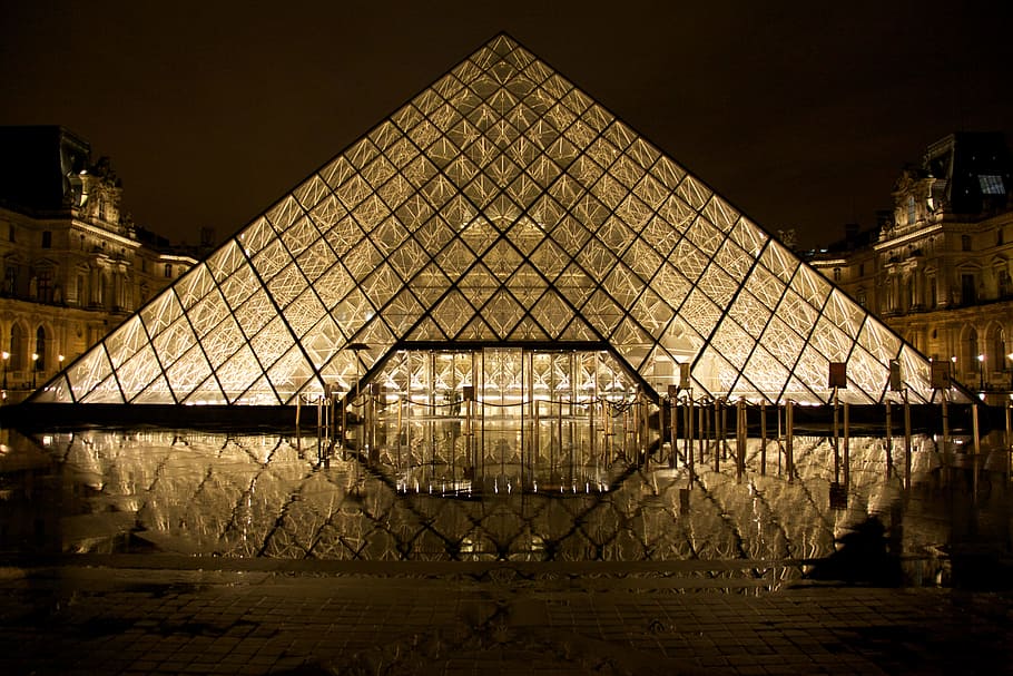 clear glass dome, louvre, glass pyramid, paris, france, architecture, HD wallpaper