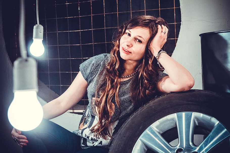 model, wheel, bulbs, studio, city, young adult, one person HD wallpaper