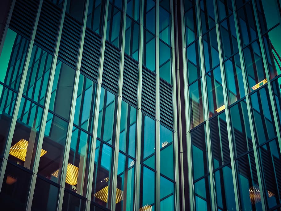 blue glass building, architecture, modern, facade, lighting HD wallpaper