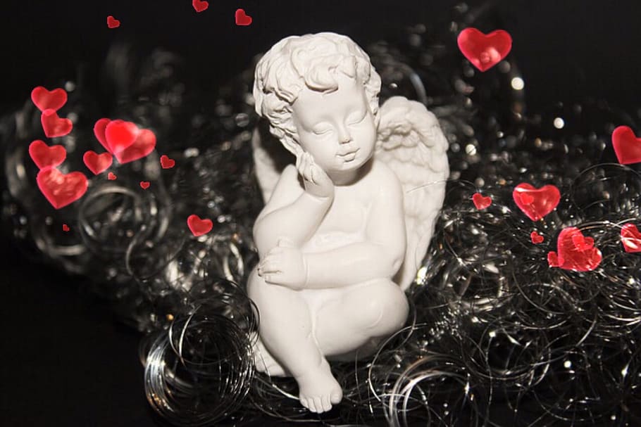 cherub figurine, love angel, feelings, heart, symbolism, be in love, HD wallpaper