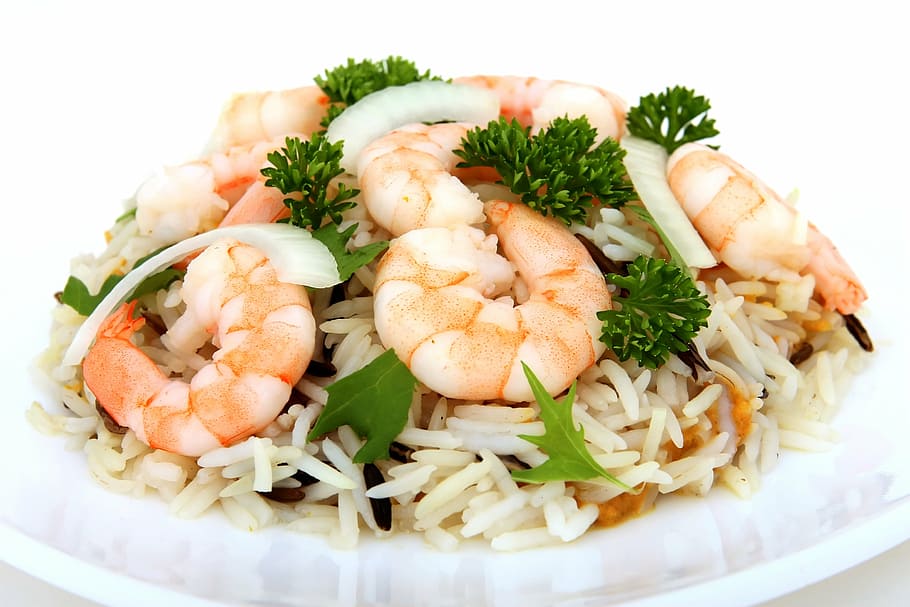plate of cooked white rice with shrimps, asian, chinese, colorful, HD wallpaper