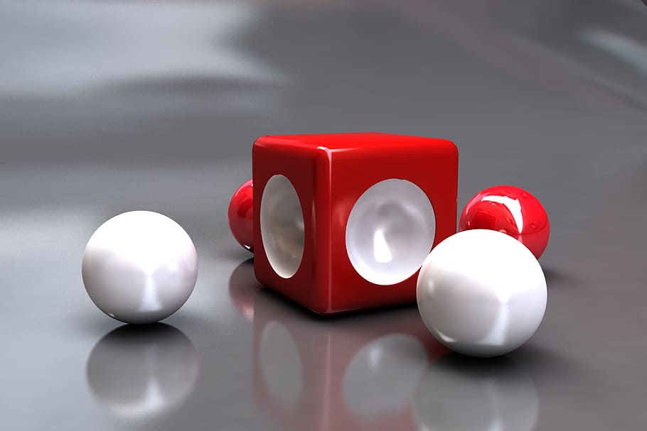 cube, 3d modeling, no people, red, indoors, white color, two objects HD wallpaper