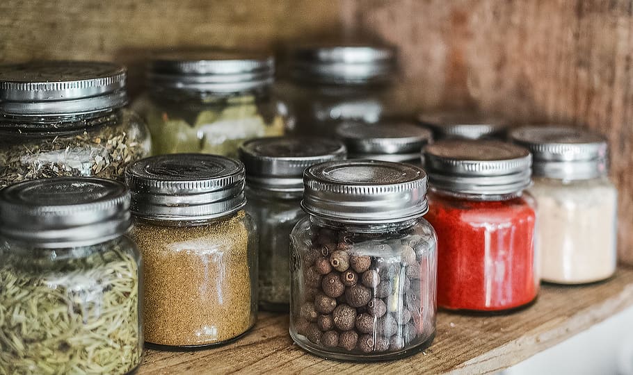 selective focus photography of clear glass canisters, Spices, HD wallpaper