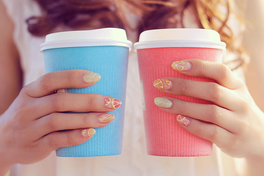 two blue, pink, and white tumblers, women, coffee - Drink, cup HD wallpaper
