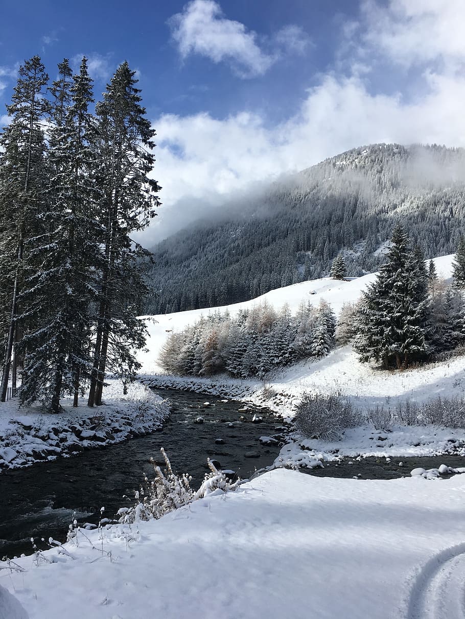 snow, mountain, tyrol, river, winter, alpine, clouds, forest HD wallpaper