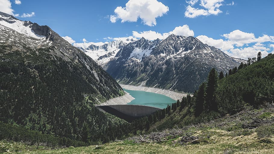 alpine, clouds, dam, hike, hill, lake, landscape, majestic HD wallpaper