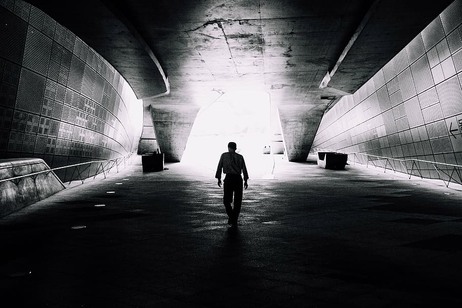 untitled, gray, scale, photo, man, walking, tunnel, black and white, HD wallpaper