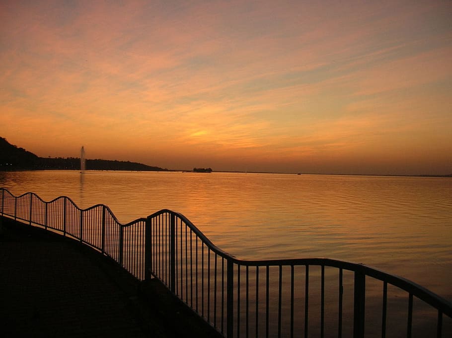 Sunset, Lake, Water, Sky, Orange, Fence, sea, nature, dusk HD wallpaper
