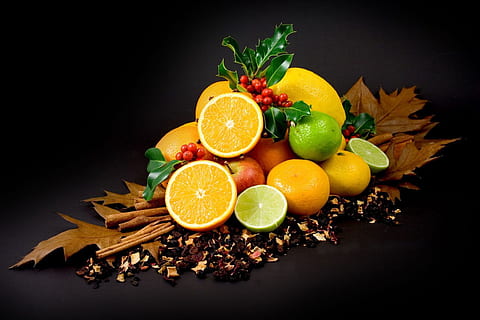slice lemons on brown leaf, autumn, fall, fruit, citrus, apple HD wallpaper