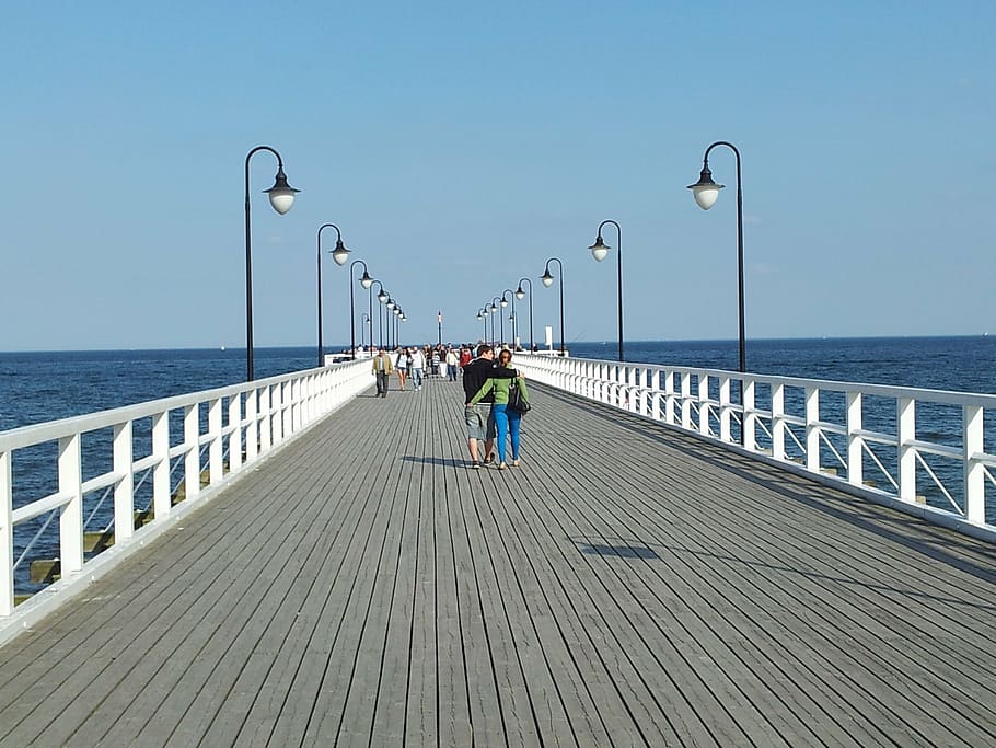 HD wallpaper: beach, pier, walk, sea, people, water, sky, horizon over ...