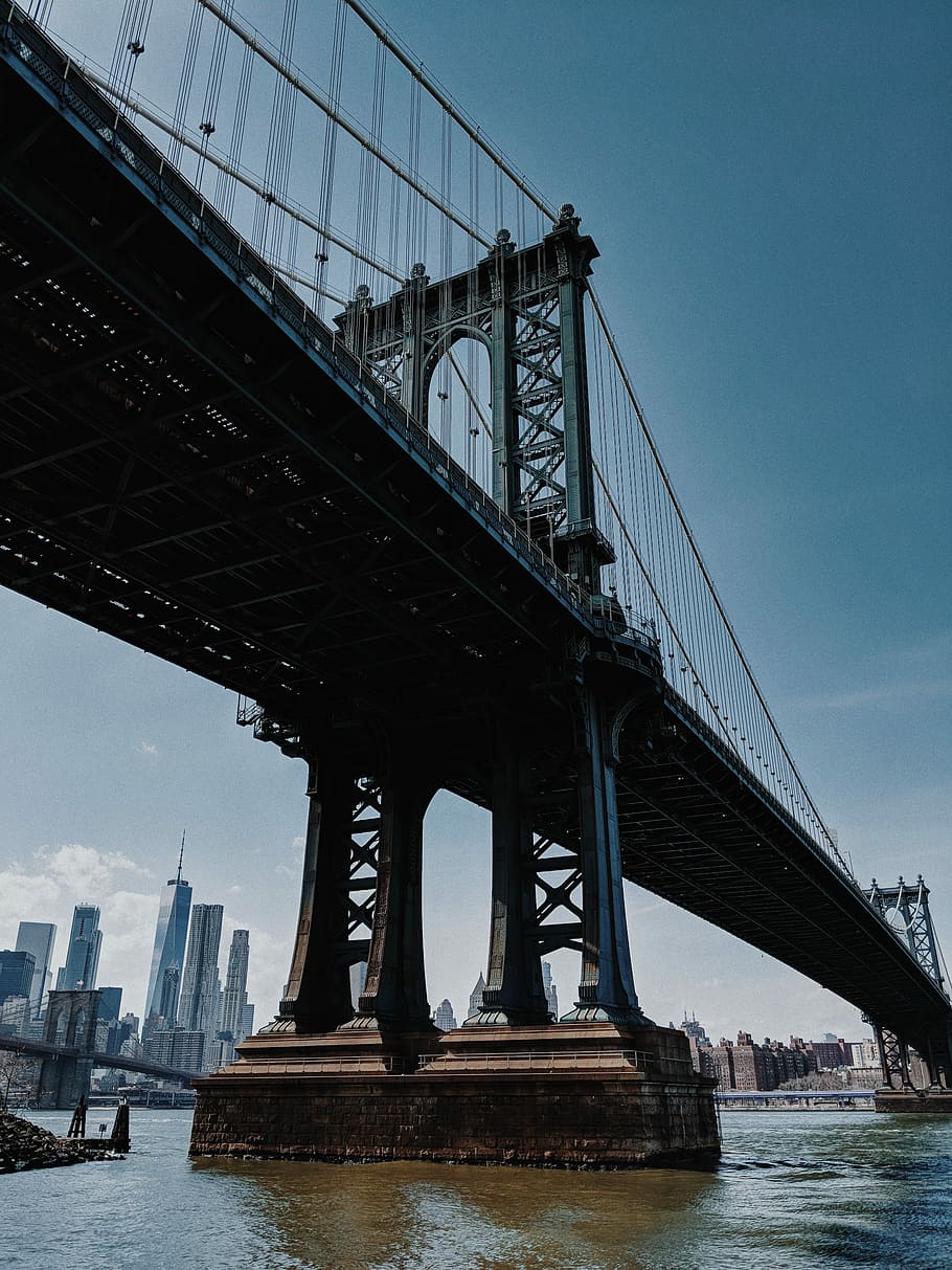 architectural photography of bridge, Brooklyn Bridge, river, harbour