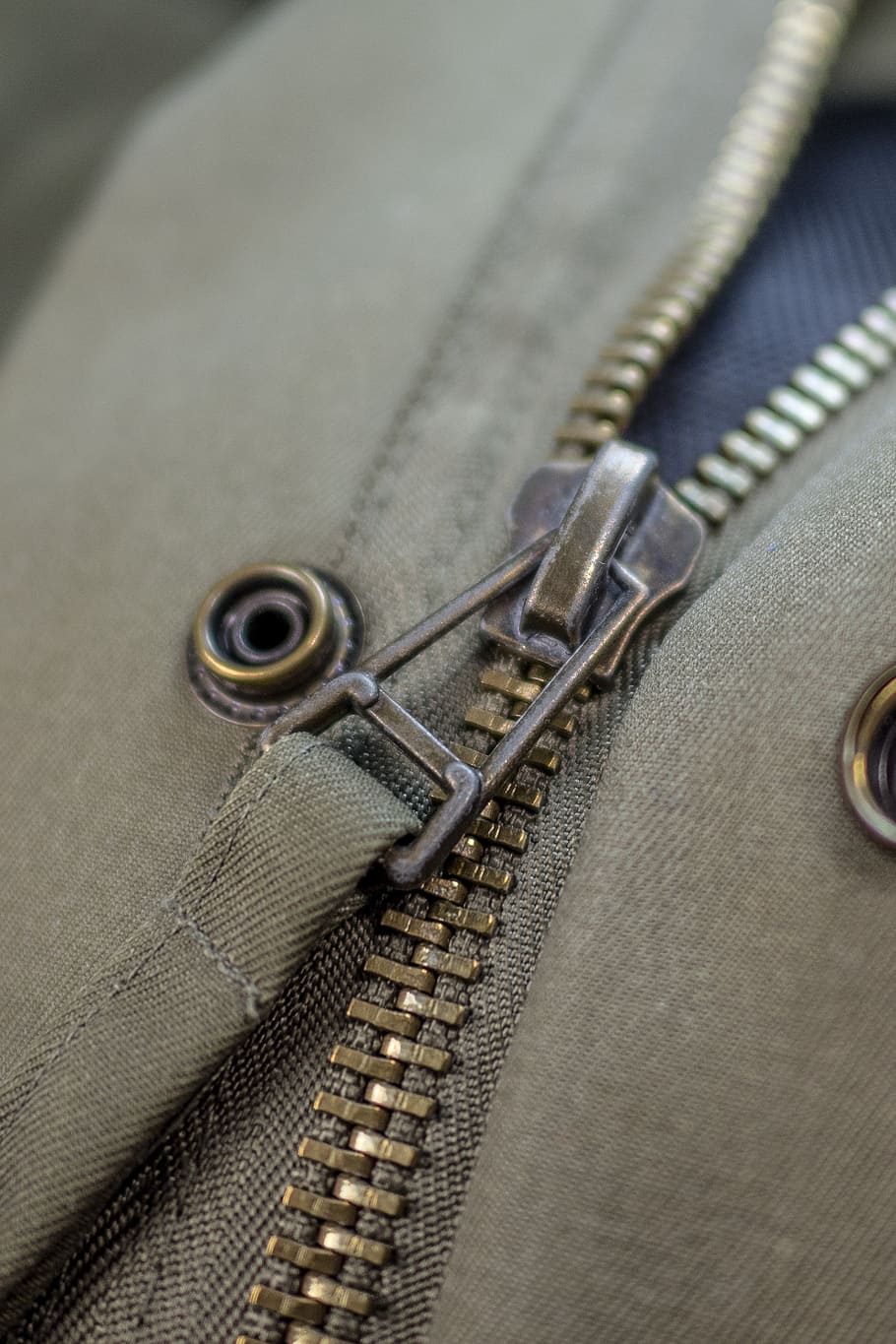 zip, closure, hack, detail, jacket, olive, press-studs, macro