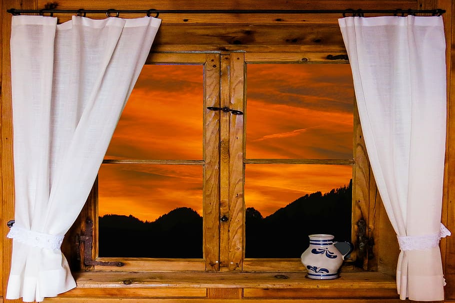 brown wooden window with two curtains and view of orange sunset, HD wallpaper