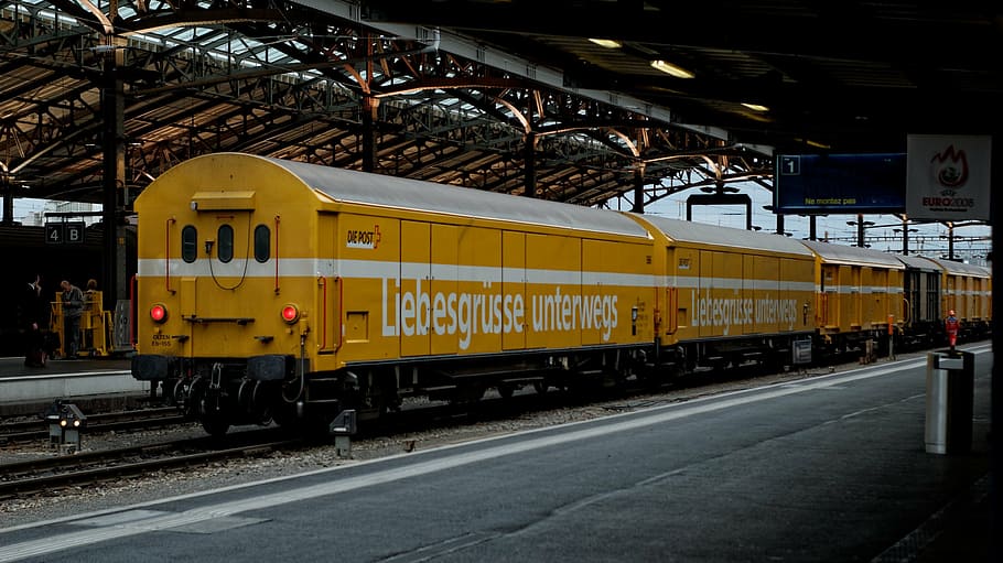 yellow, post, wagon, railway station, lausanne, switzerland, HD wallpaper