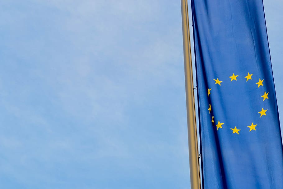 yellow star blue flag under blue sky, europe, european, european union
