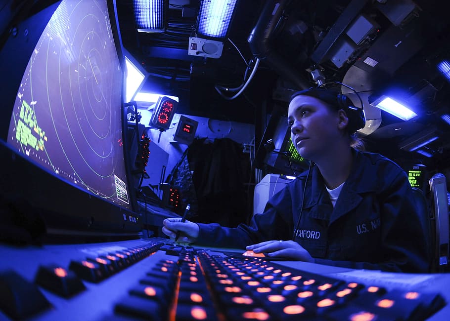 woman operating radar monitoring system, sailor, us navy, radar technician