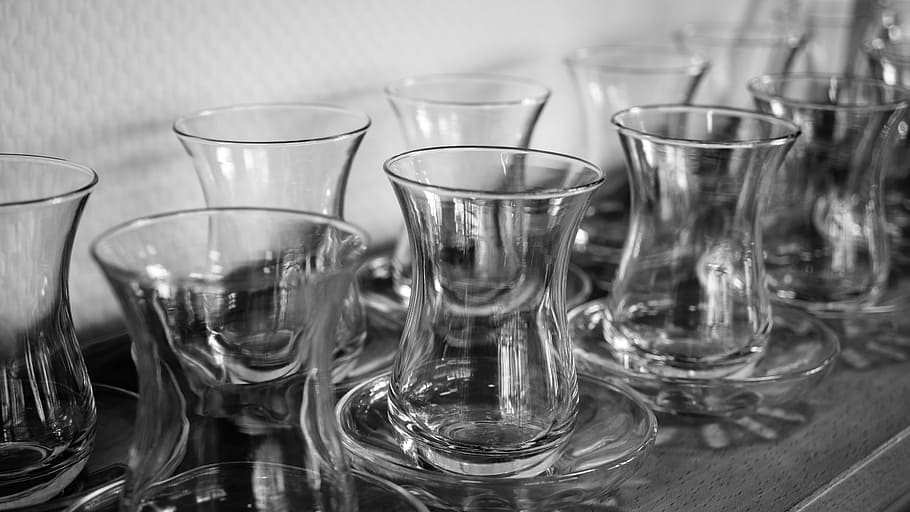 Teacup, Tee, Beverages, Chai, chaitasse, glass, saucer, black and white HD wallpaper