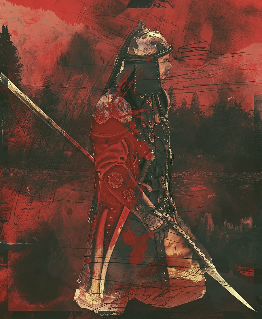 man warrior painting, soldier, spear, armor, helmet, victory HD wallpaper