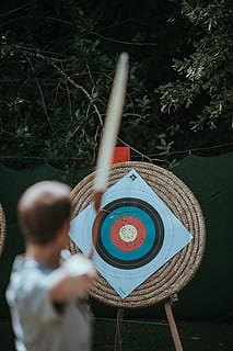 Man archery bow and arrow, person playing archery, target, tree HD wallpaper