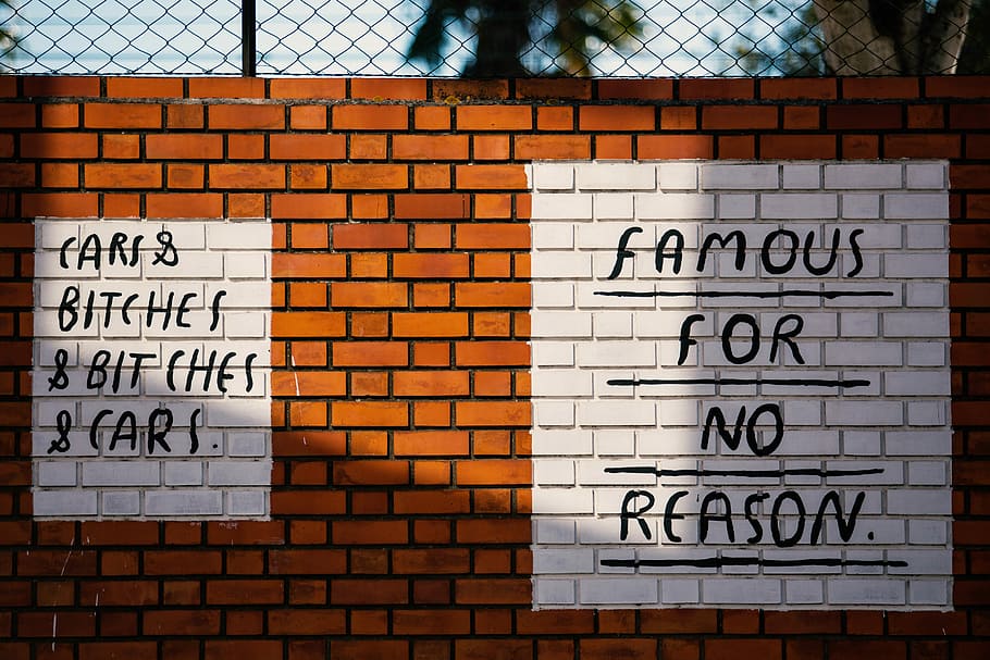 white and brown text-printed concrete wall, famous for no reason paint HD wallpaper