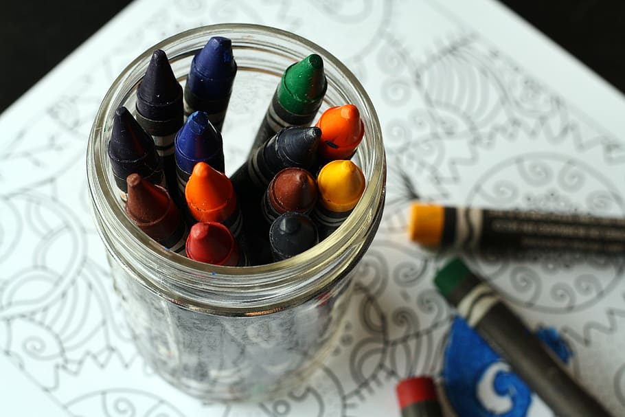 assorted-color crayons in clear glass jar, coloring book, children HD wallpaper