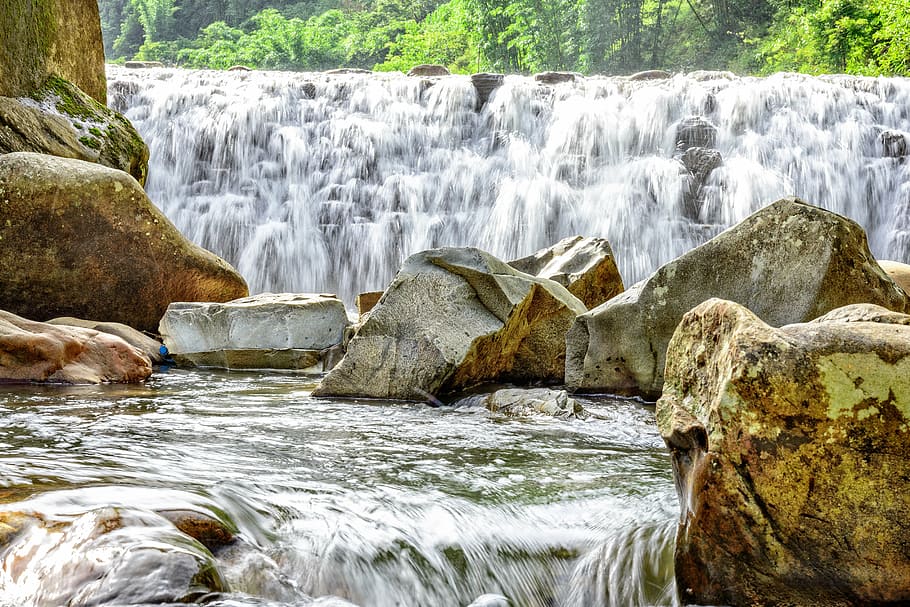 stone, waterfall, nature, landscape, river, flowing water, motion HD wallpaper