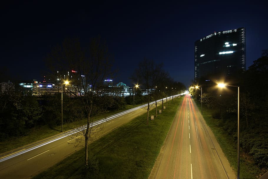 road, night, city, mannheim, light streaks, traffic, long exposure HD wallpaper