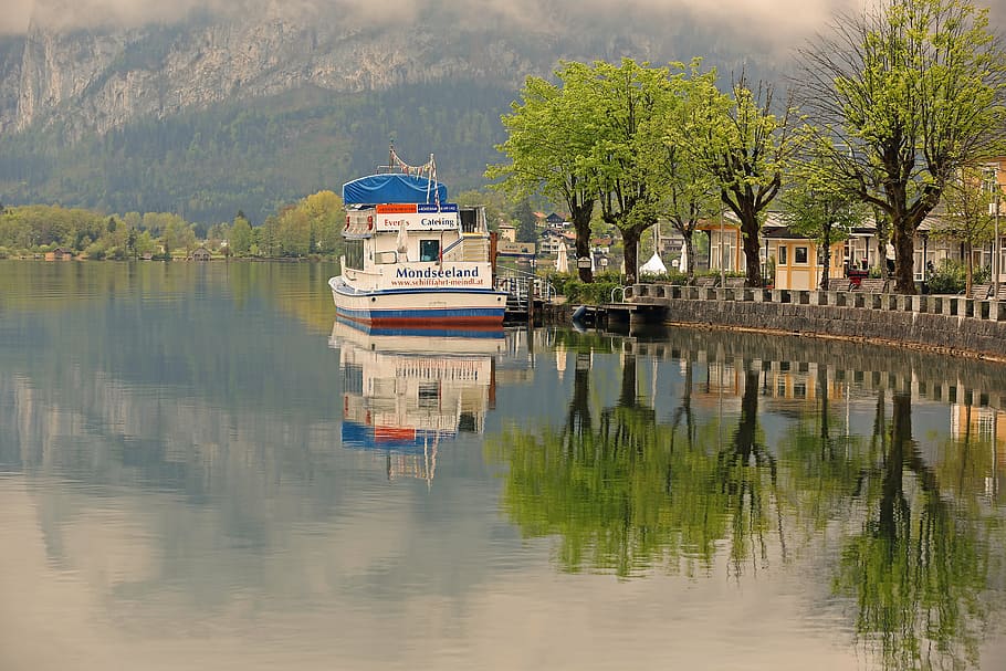 landscape, lake, boot, nature, water, bank, trees, clouds, ship HD wallpaper