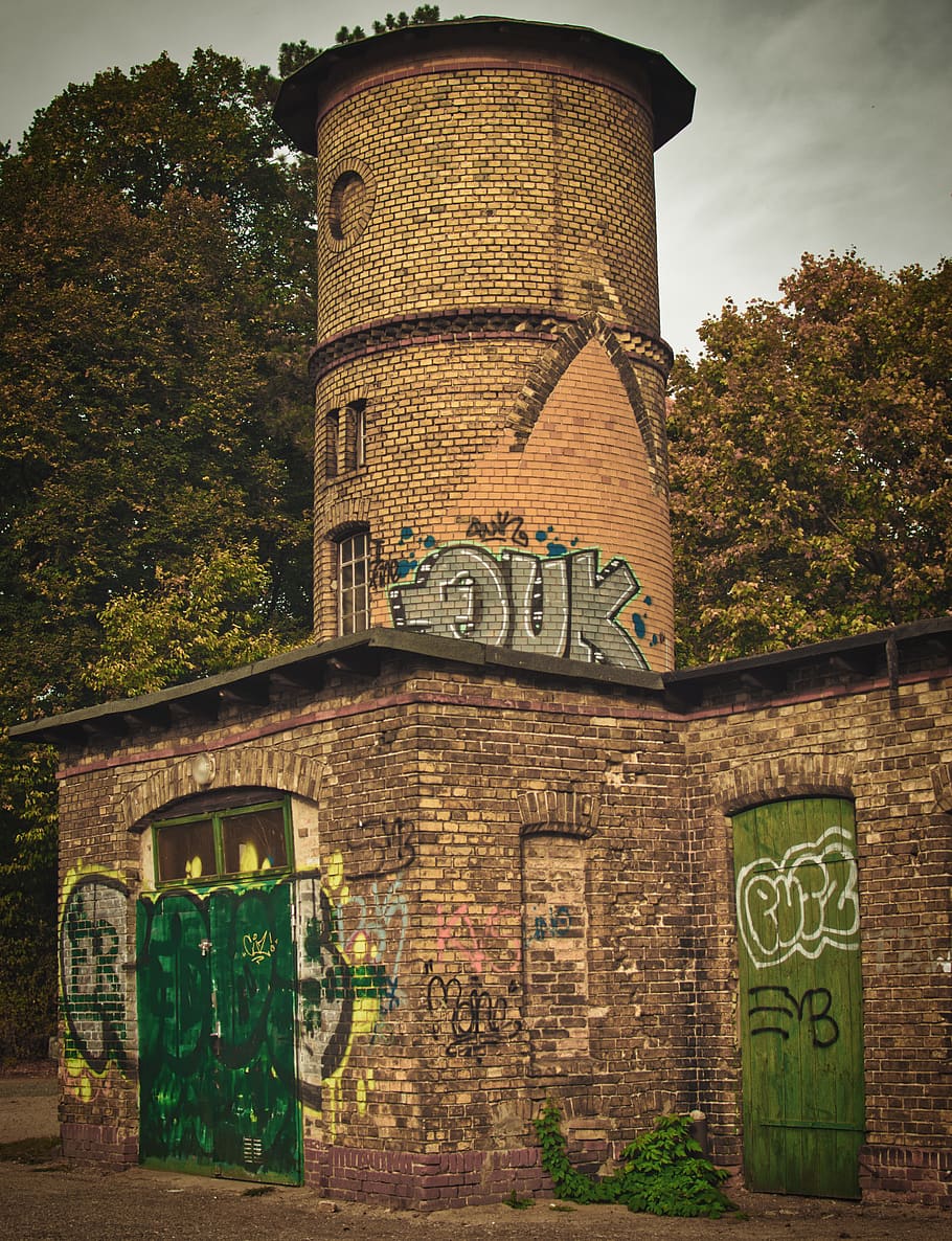 tower, masonry, lapsed, graffiti, building, architecture, trees HD wallpaper