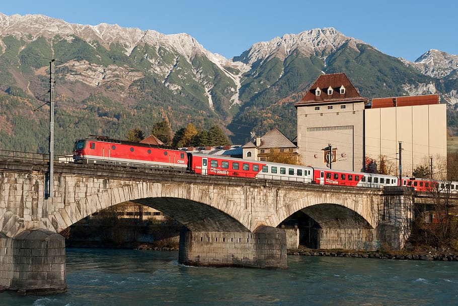 austria, mountains, river, water, bridge, buildings, architecture HD wallpaper