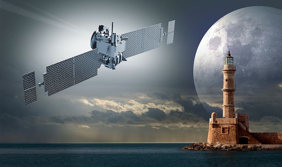 gray satellite in a distance of lighthouse, signal, mission to mars, HD wallpaper