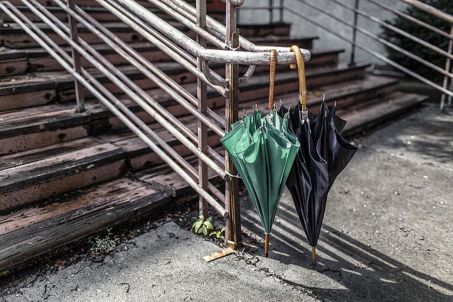 two green and black umbrella on stair case, objects, urban, lazy HD wallpaper