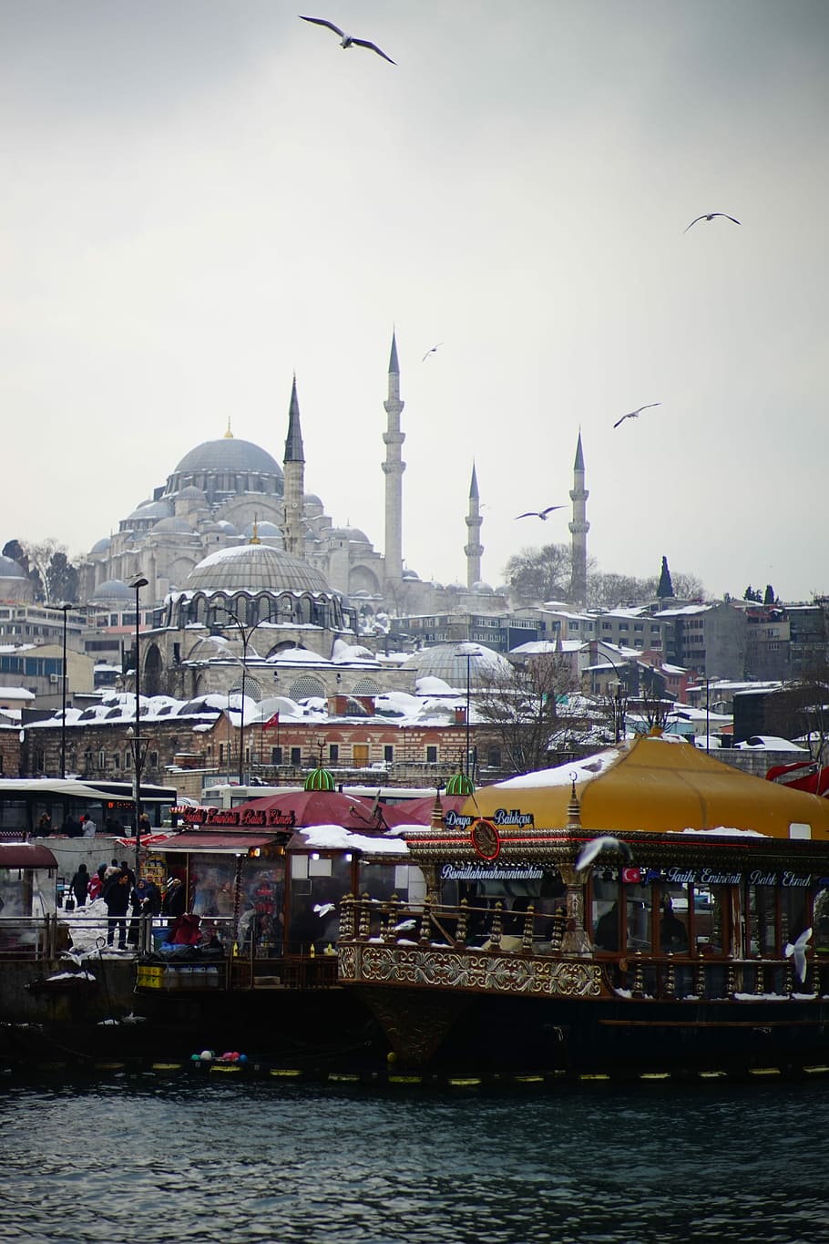 Mosque, Snow, Turkey, river, day, nautical vessel, outdoors HD wallpaper